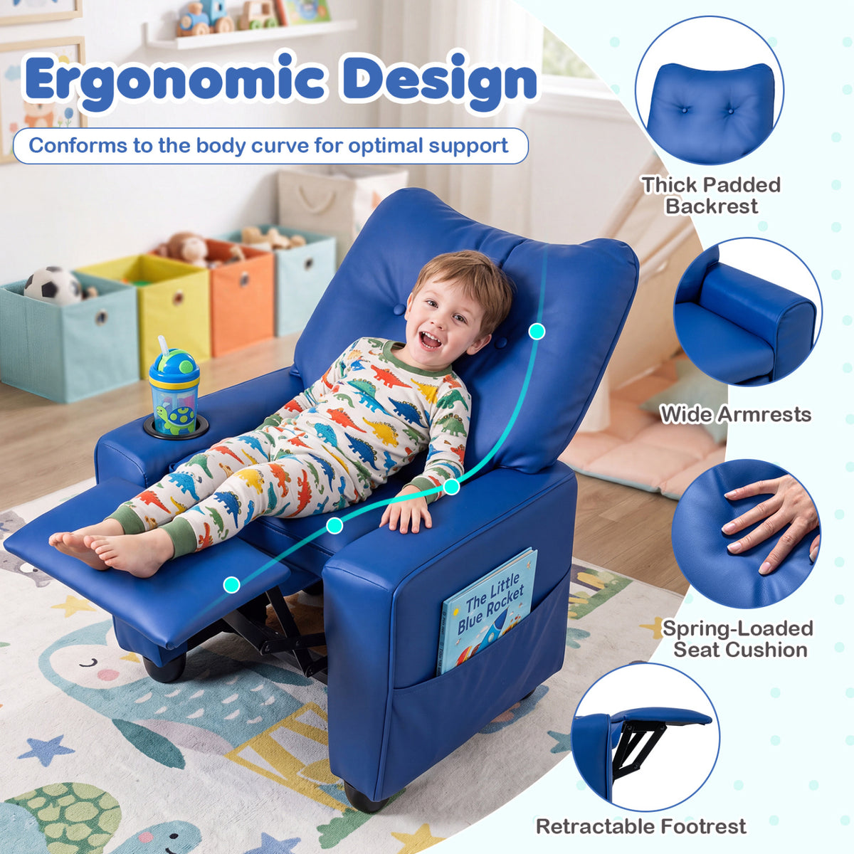 Kids Recliner with Cup Holder Armrests and Adjustable Backrest for Playroom