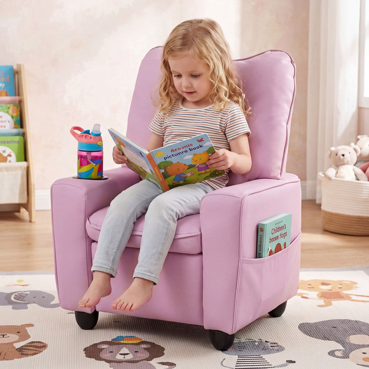 Kids Recliner with Cup Holder Armrests and Adjustable Backrest for Playroom
