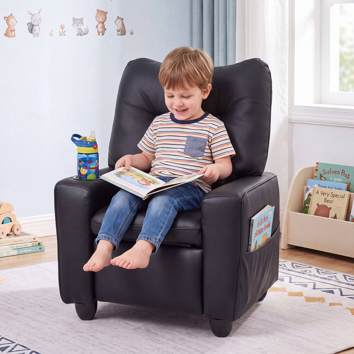 Kids Recliner with Cup Holder Armrests and Adjustable Backrest for Playroom