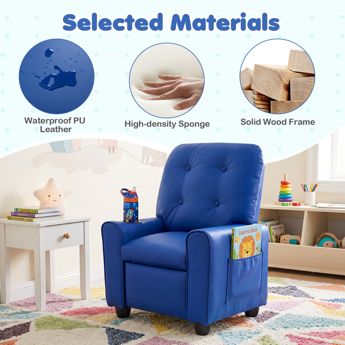Kids Recliner with Cup Holder & Armrests and Adjustable Backrest Footrest