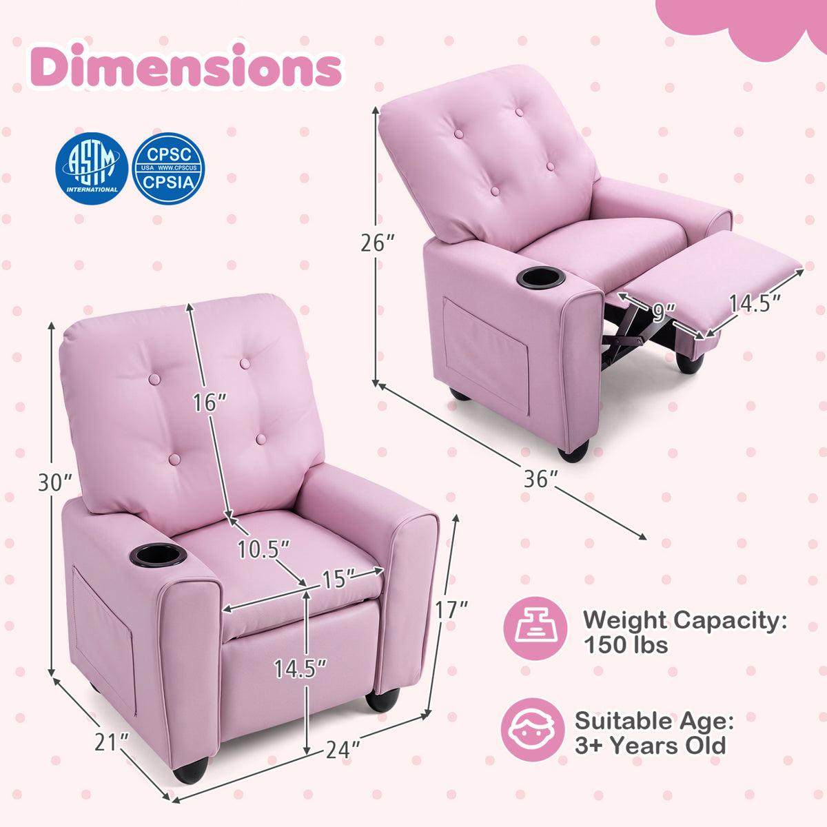 Kids Recliner with Cup Holder & Armrests and Adjustable Backrest Footrest
