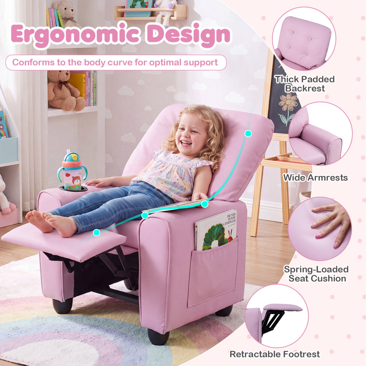 Kids Recliner with Cup Holder & Armrests and Adjustable Backrest Footrest