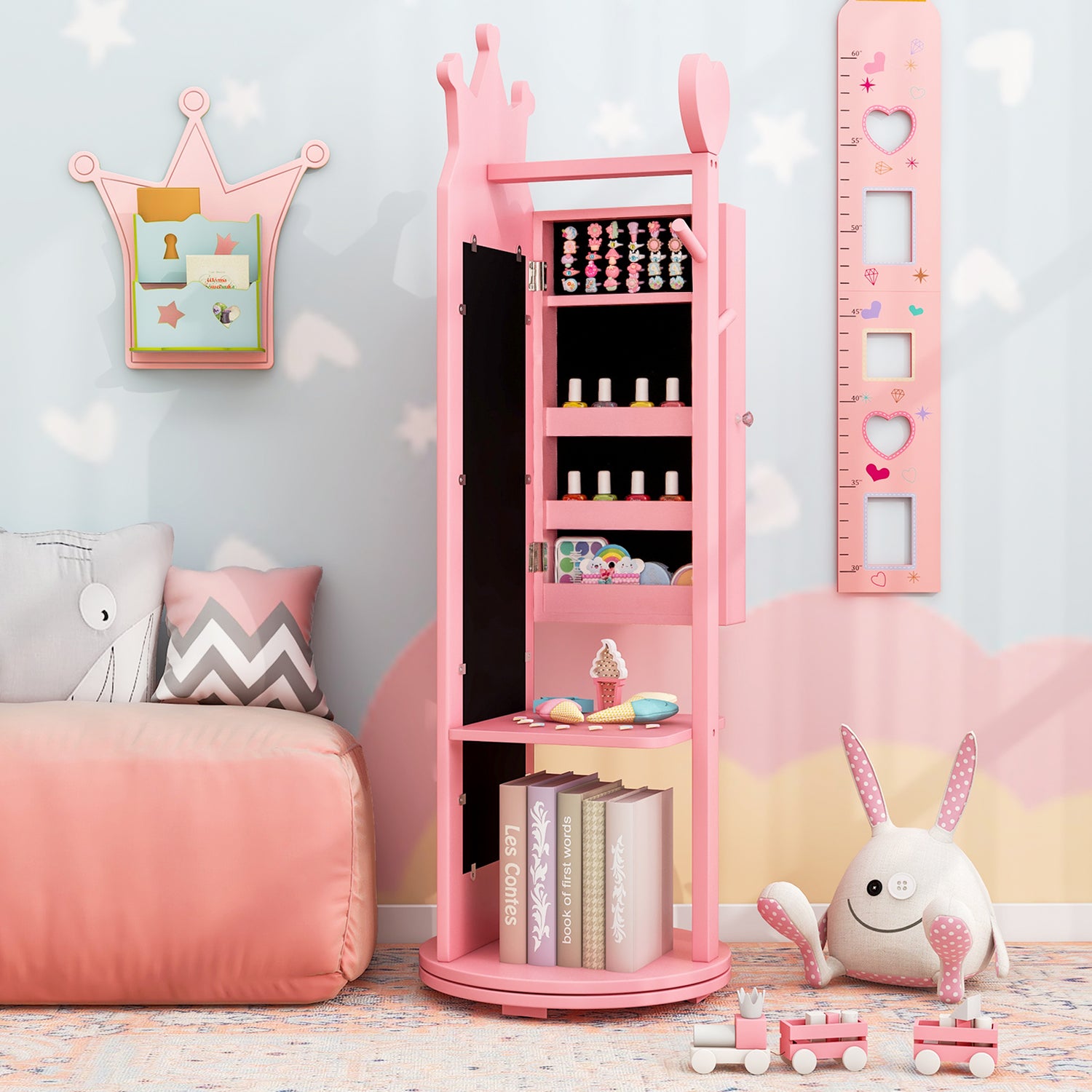 Kids Room Furniture Set Princess Vanity Table and Stool Set with Mirror and Drawer