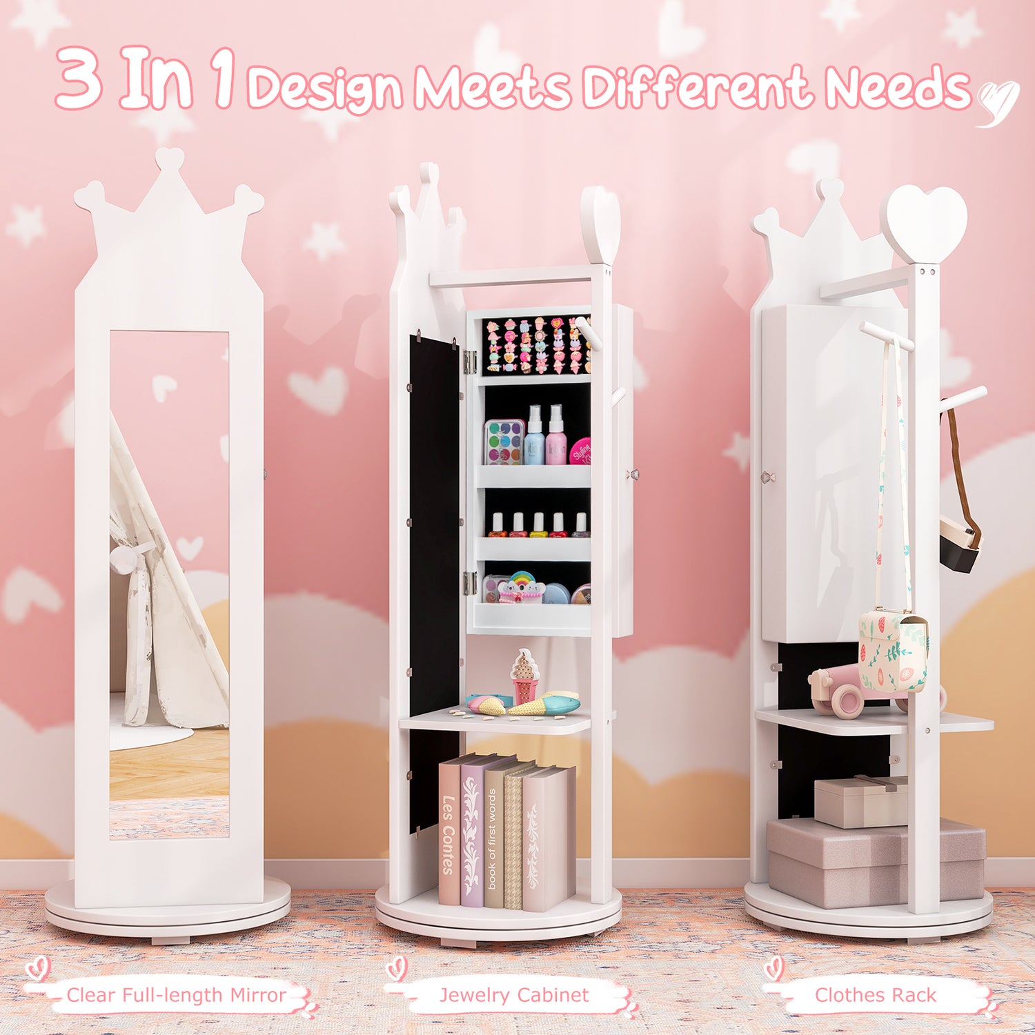 Kids Room Furniture Set Princess Vanity Table and Stool Set with Mirror and Drawer