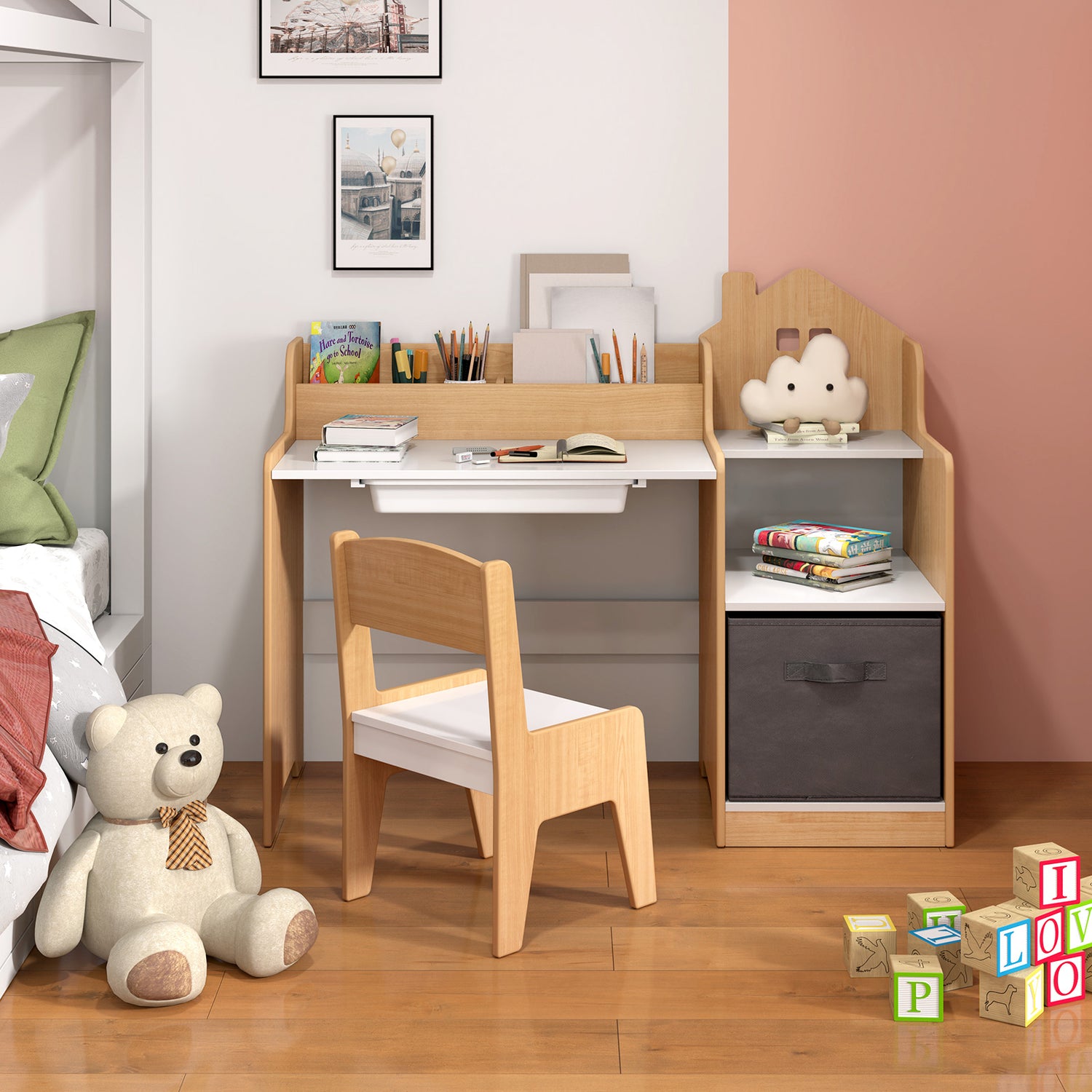 Kids Study Desk and Chair Set with Open Shelves Drawer and Fabric Storage Bin-Natural