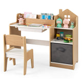 Kids Study Desk and Chair Set with Open Shelves Drawer and Fabric Storage Bin-Natural