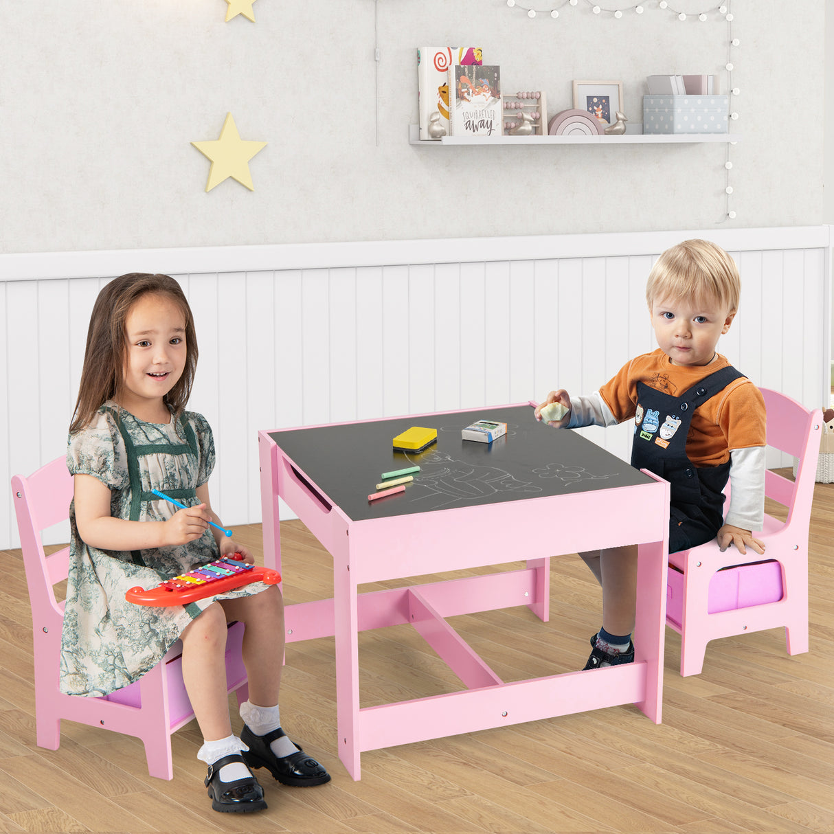 Kids Table Chairs Set With Storage Boxes Blackboard Whiteboard Drawing