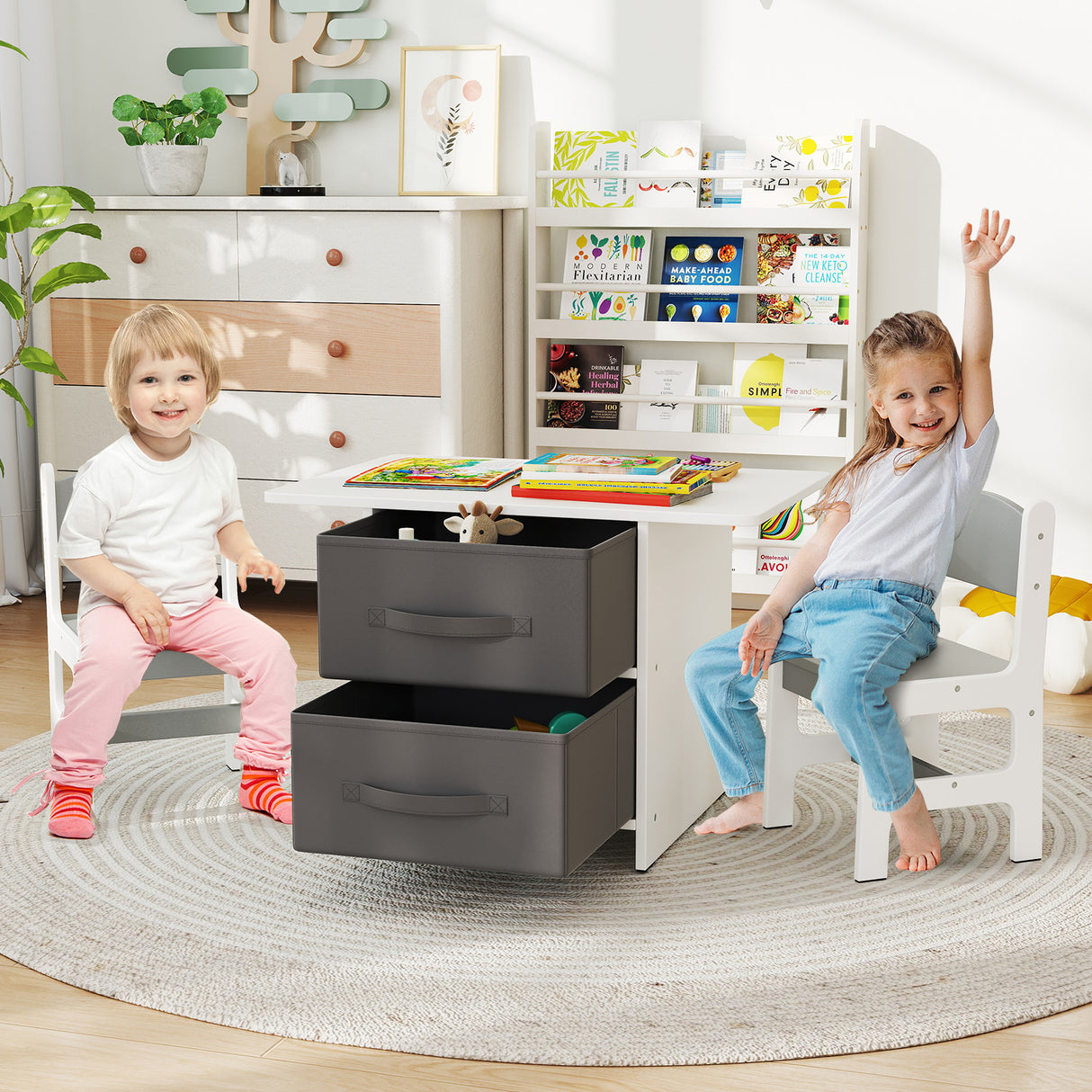 Kids Table and 2 Chairs Set Removable Storage Drawers