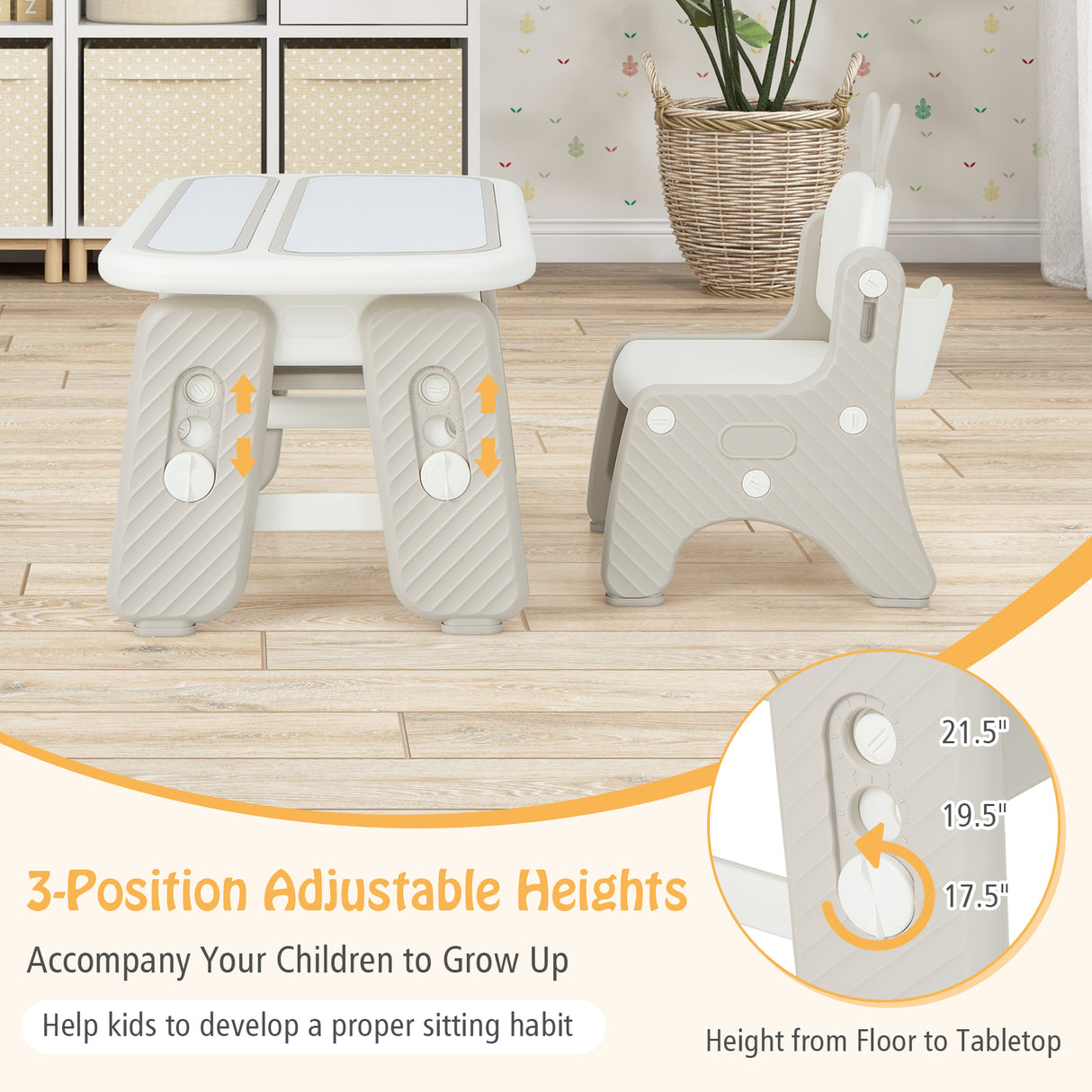 Kids Table and Chair Set with Flip-Top Bookshelf-Gray
