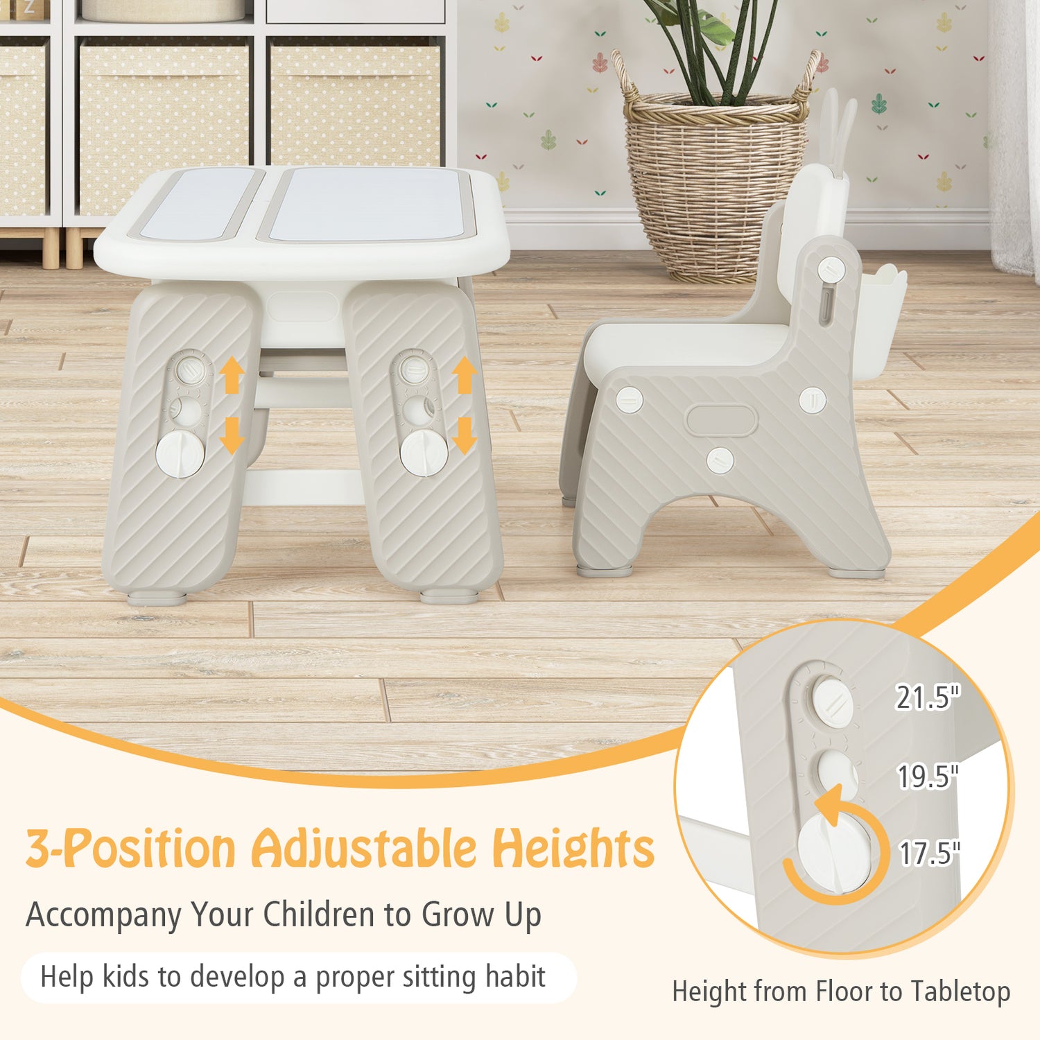 Kids Table and Chair Set with Flip-Top Bookshelf-Gray