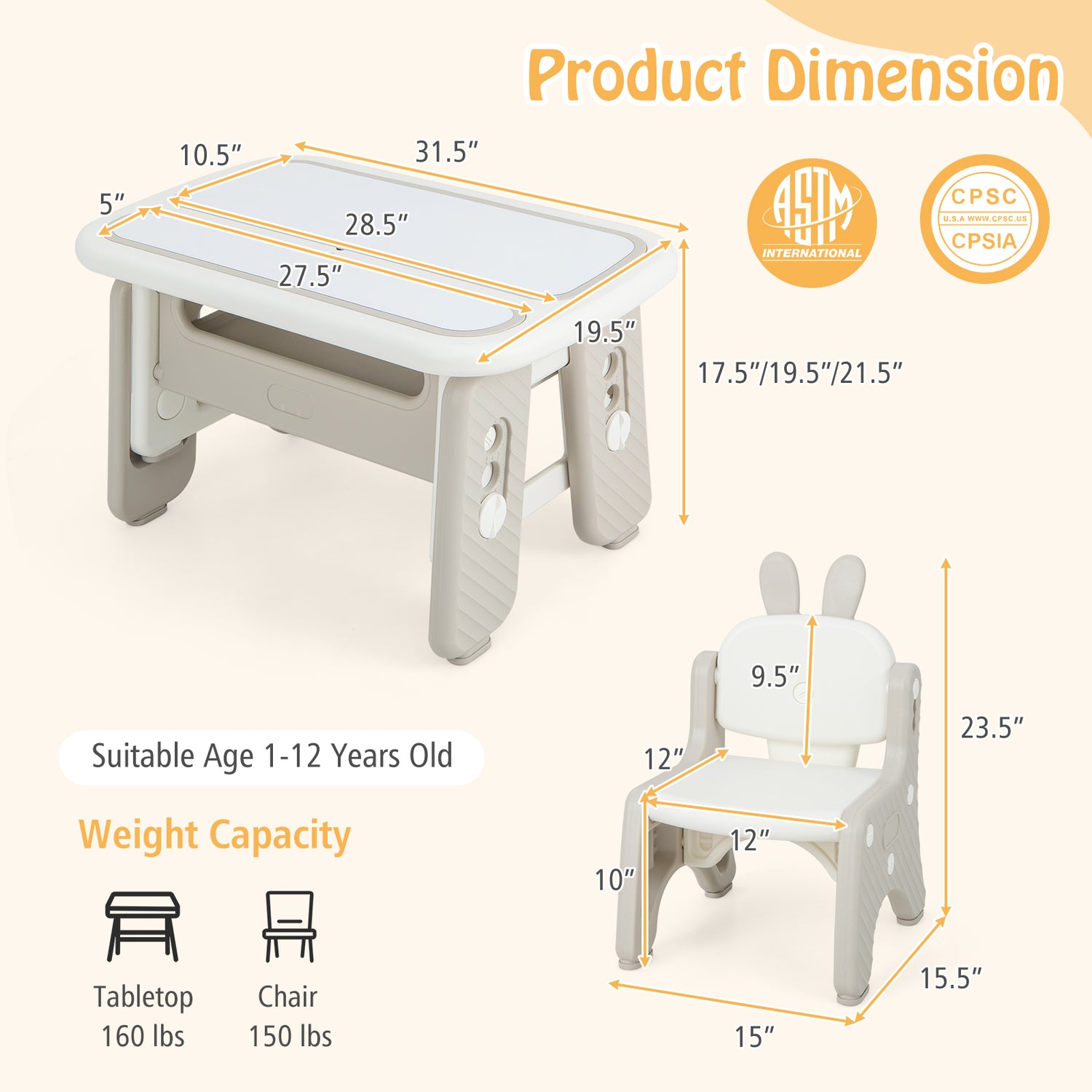 Kids Table and Chair Set with Flip-Top Bookshelf-Gray