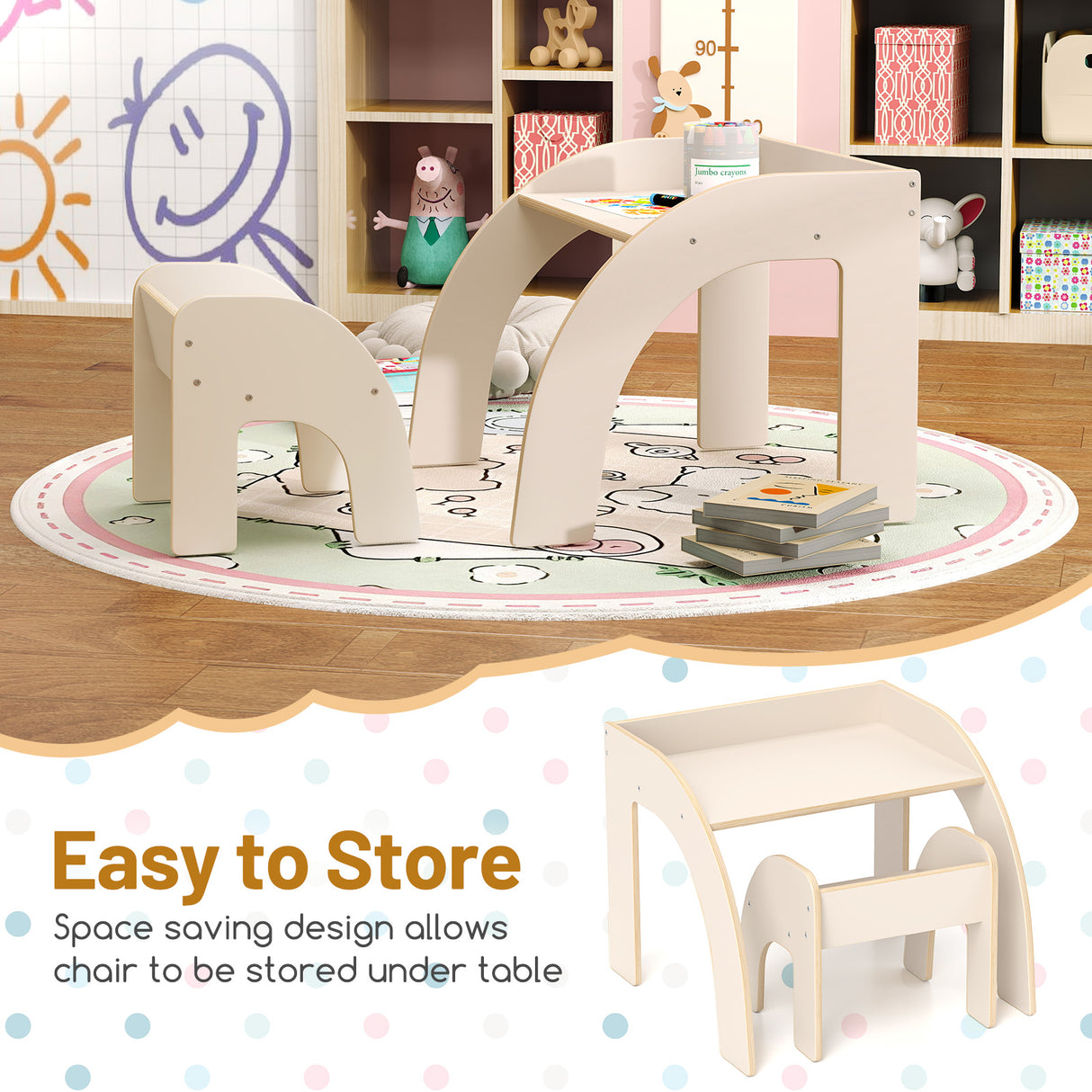 Kids Table and Chair Set with Wide Tabletop and Curved Edges for Kids Room