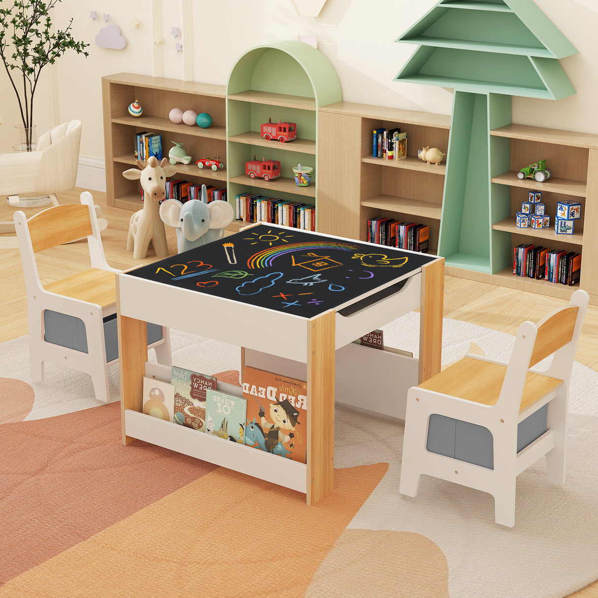 4 in 1 Kids Toddler Activity Table and Chairs Set with Reversible Tabletop
