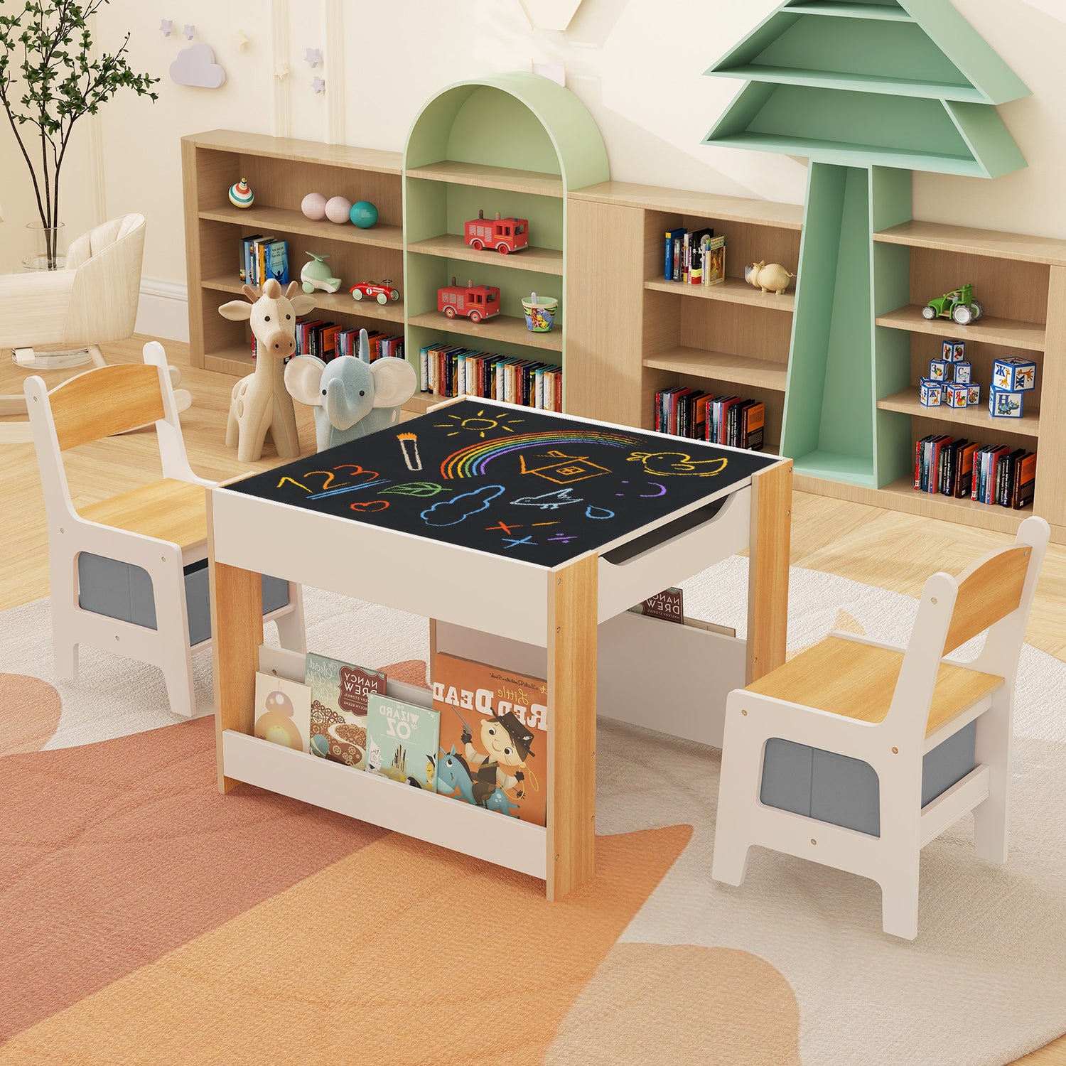 4 in 1 Kids Toddler Activity Table and Chairs Set with Reversible Tabletop