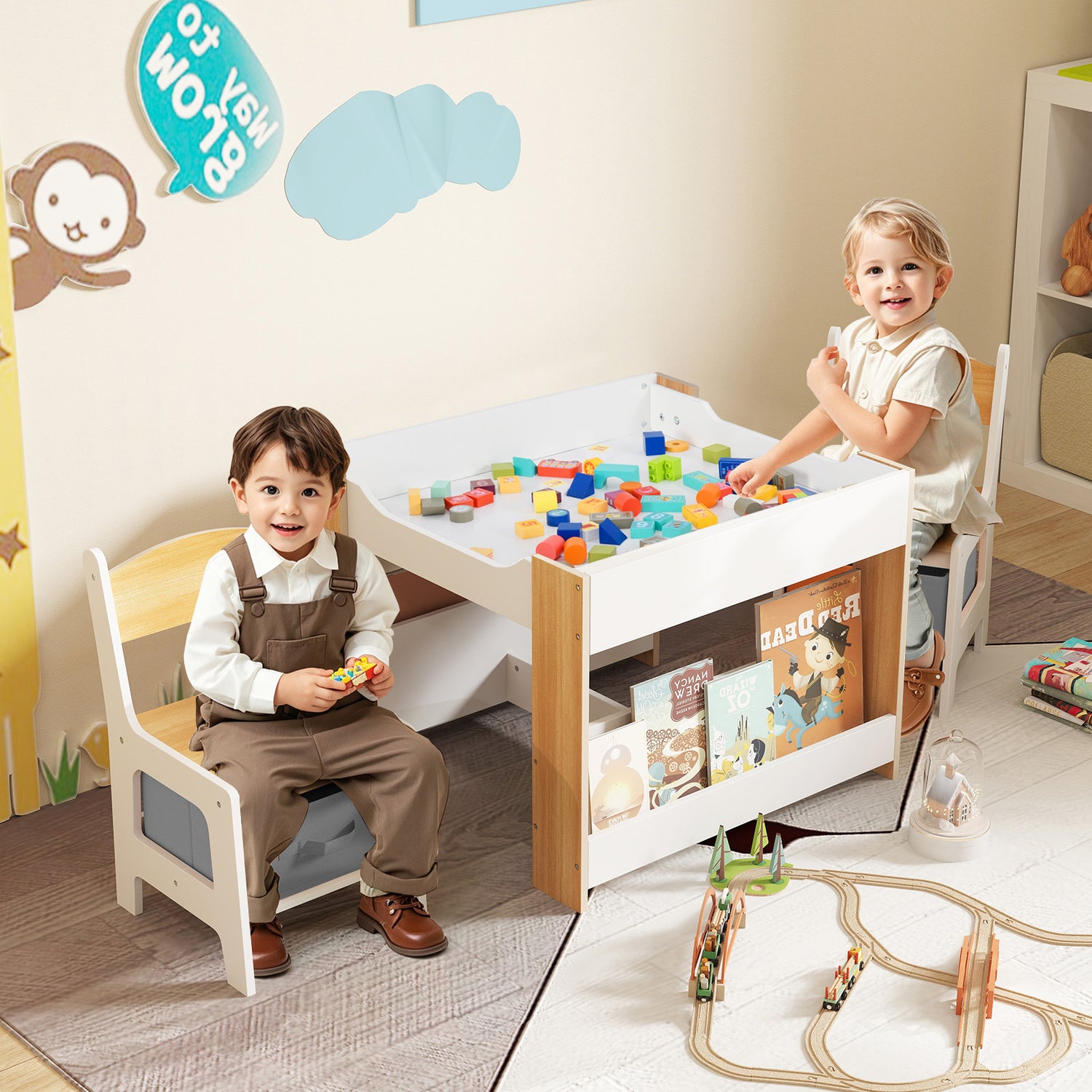 4 in 1 Kids Toddler Activity Table and Chairs Set with Reversible Tabletop