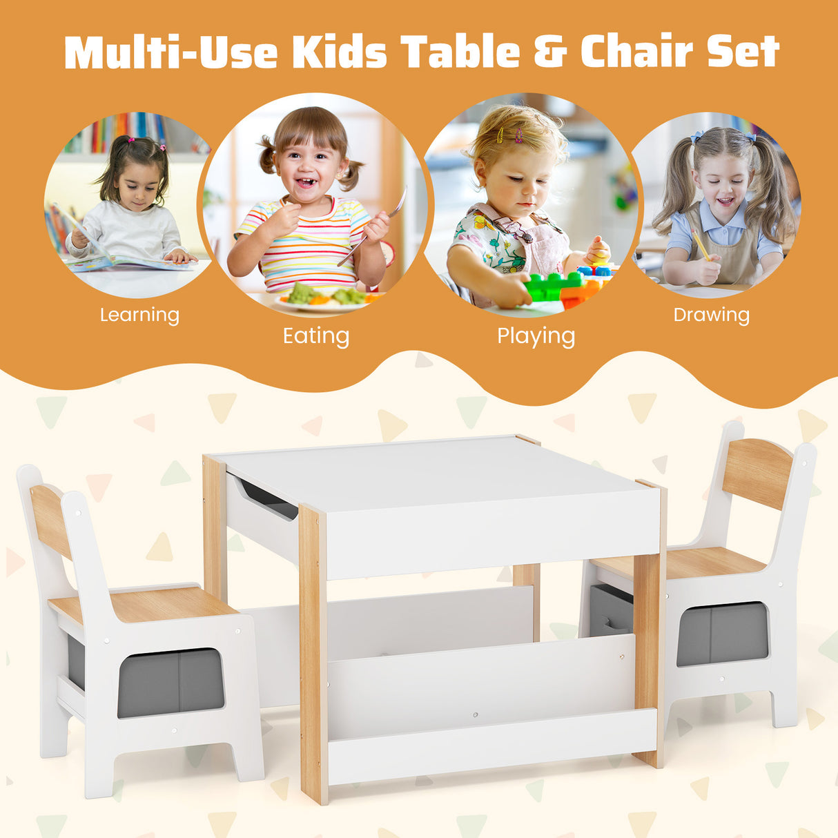 4 in 1 Kids Toddler Activity Table and Chairs Set with Reversible Tabletop