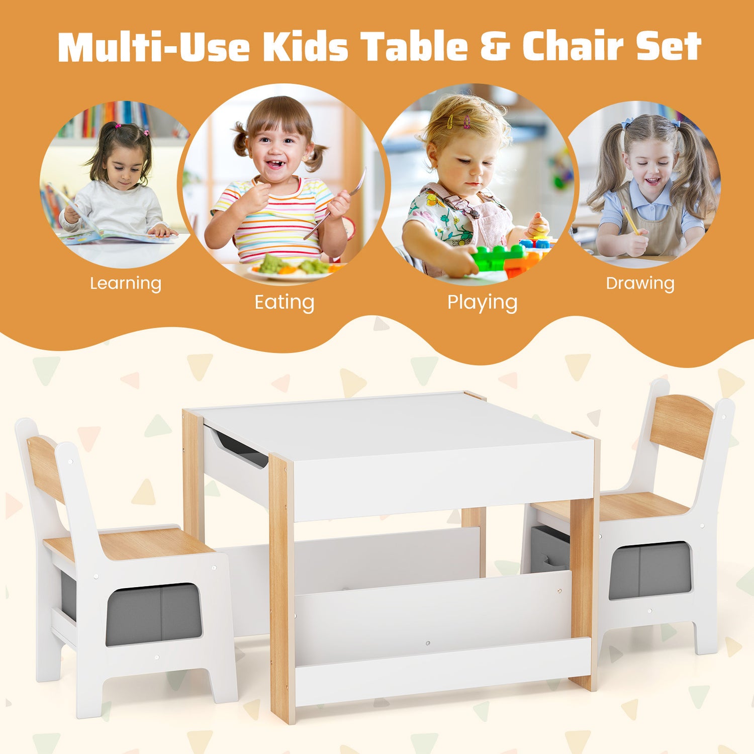 4 in 1 Kids Toddler Activity Table and Chairs Set with Reversible Tabletop