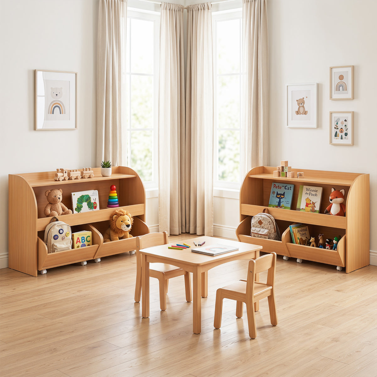 Kids Toy Storage Organizer with 2 Rolling Drawers & 3-Tier Bookshelf for Playroom