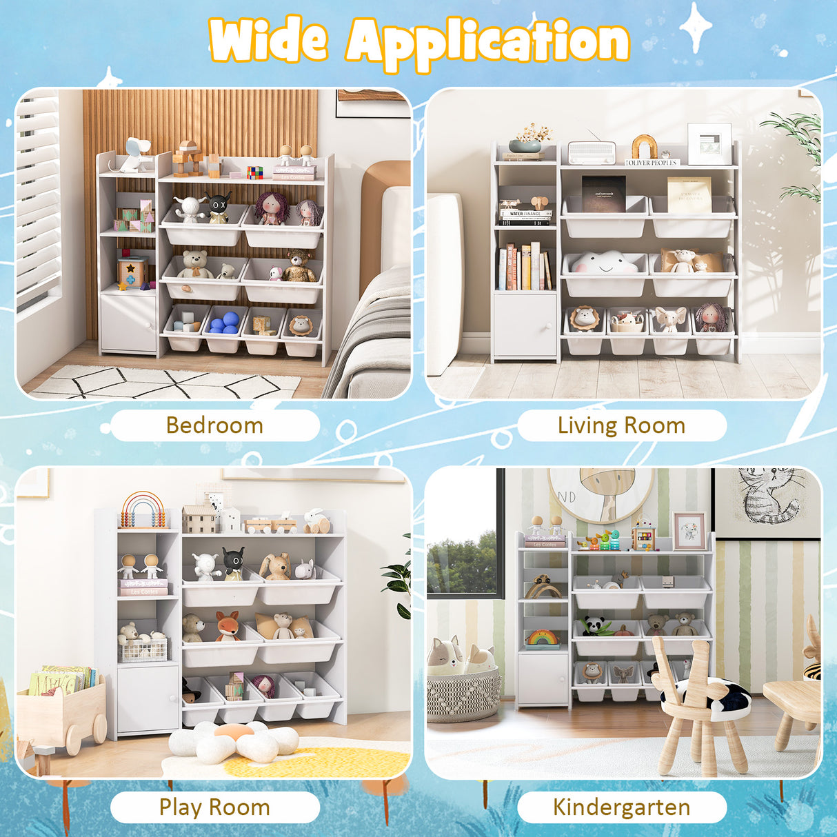 4-Tier Kids Bookshelf and Toy Storage Rack with 8 Toy Organizer Bins