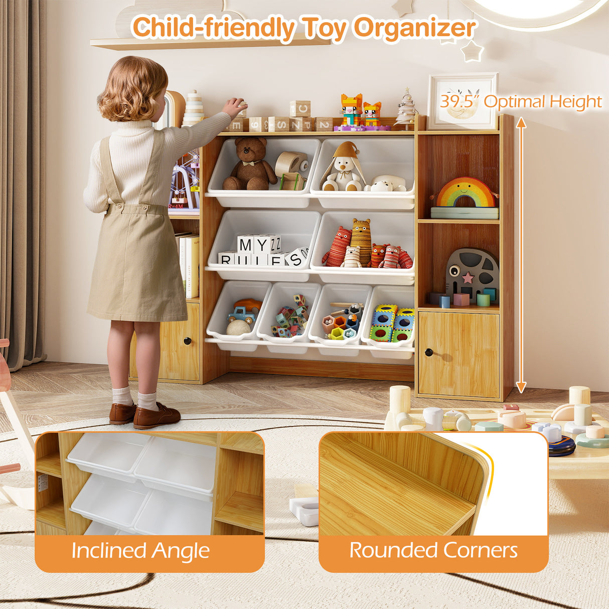 Kids Toy Storage and Bookshelf with Boxes and Open Shelves