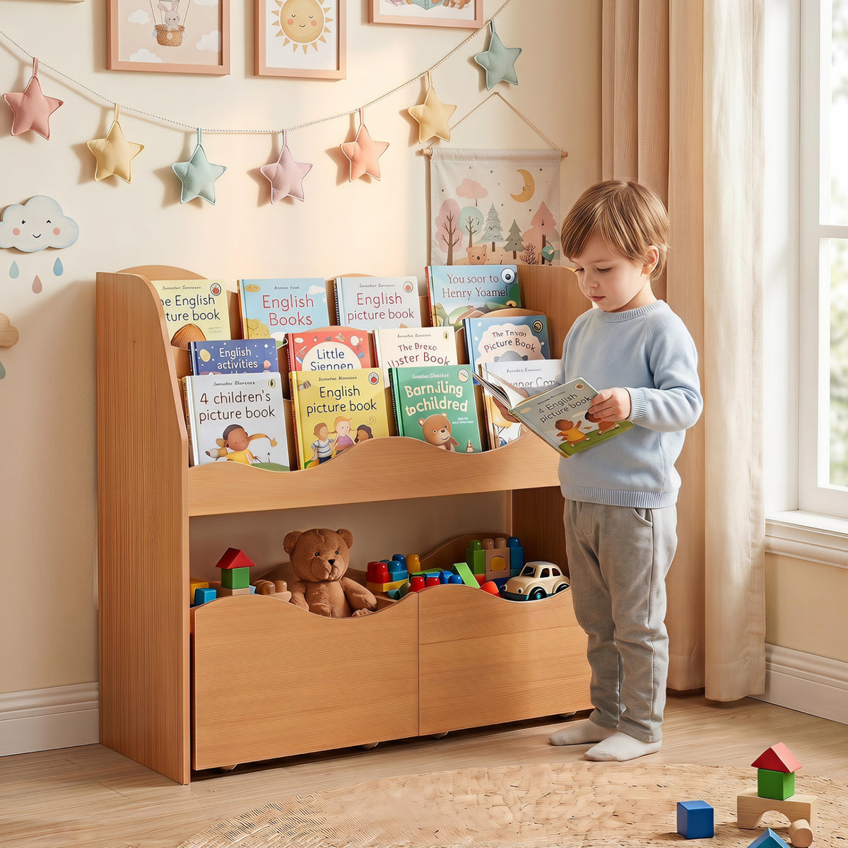 Kids Toy Wooden Storage Organizer with 2 Rolling Drawers for Kids Room
