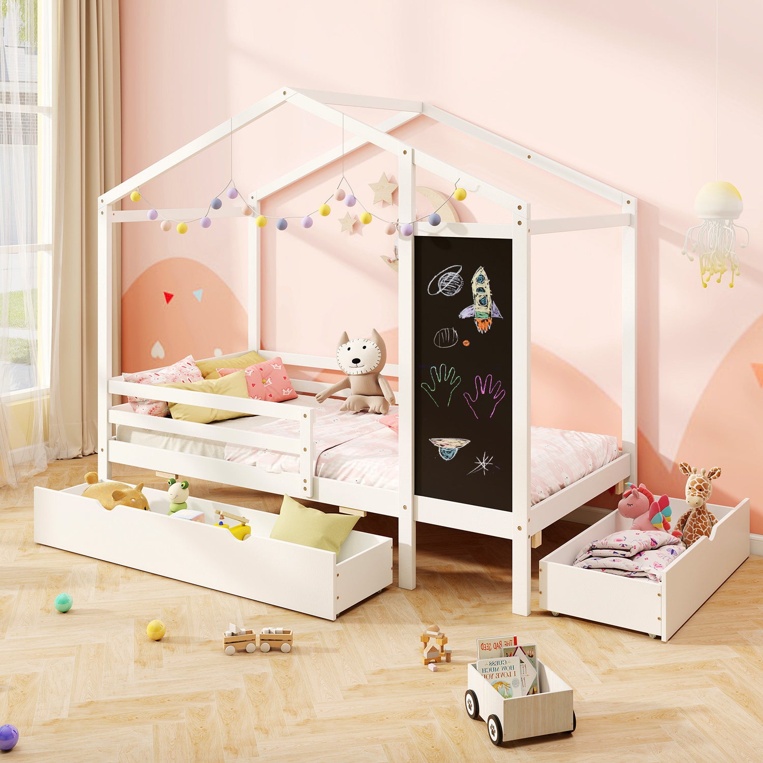 Kids Twin Size Bed with 2 Drawers Solid Wood Bed with Blackboard