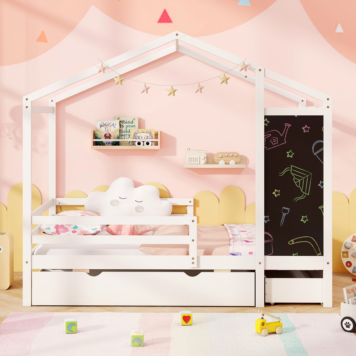 Kids Twin Size Bed with 2 Drawers Solid Wood Bed with Blackboard
