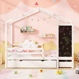 Kids Twin Size Bed with 2 Drawers Solid Wood Bed with Blackboard