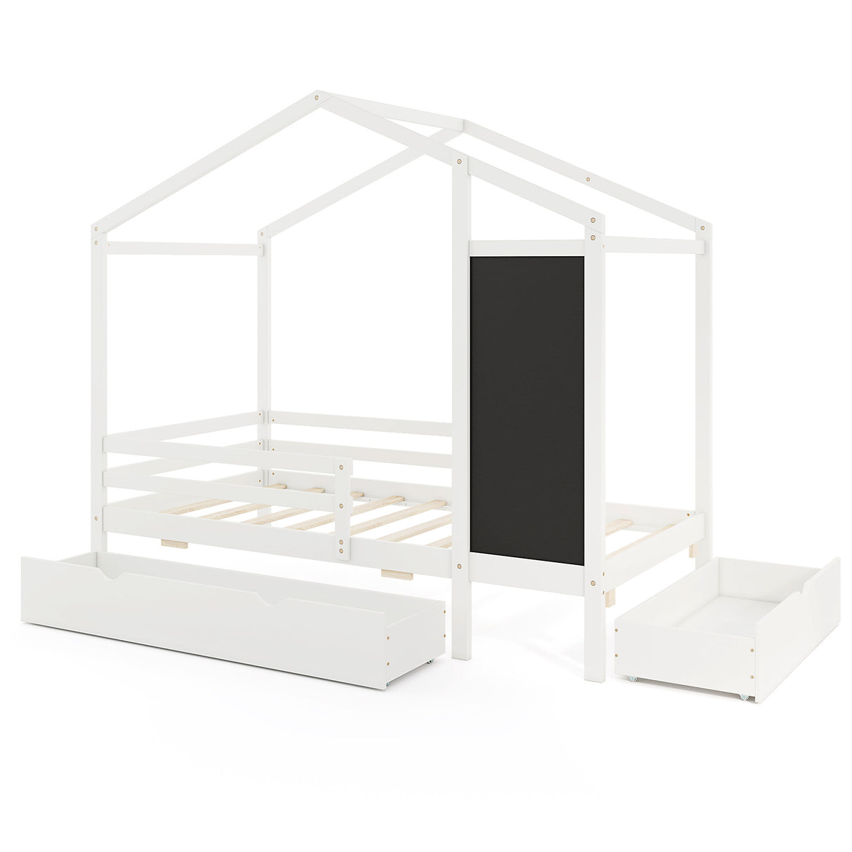 Kids Twin Size Bed with 2 Drawers Solid Wood Bed with Blackboard