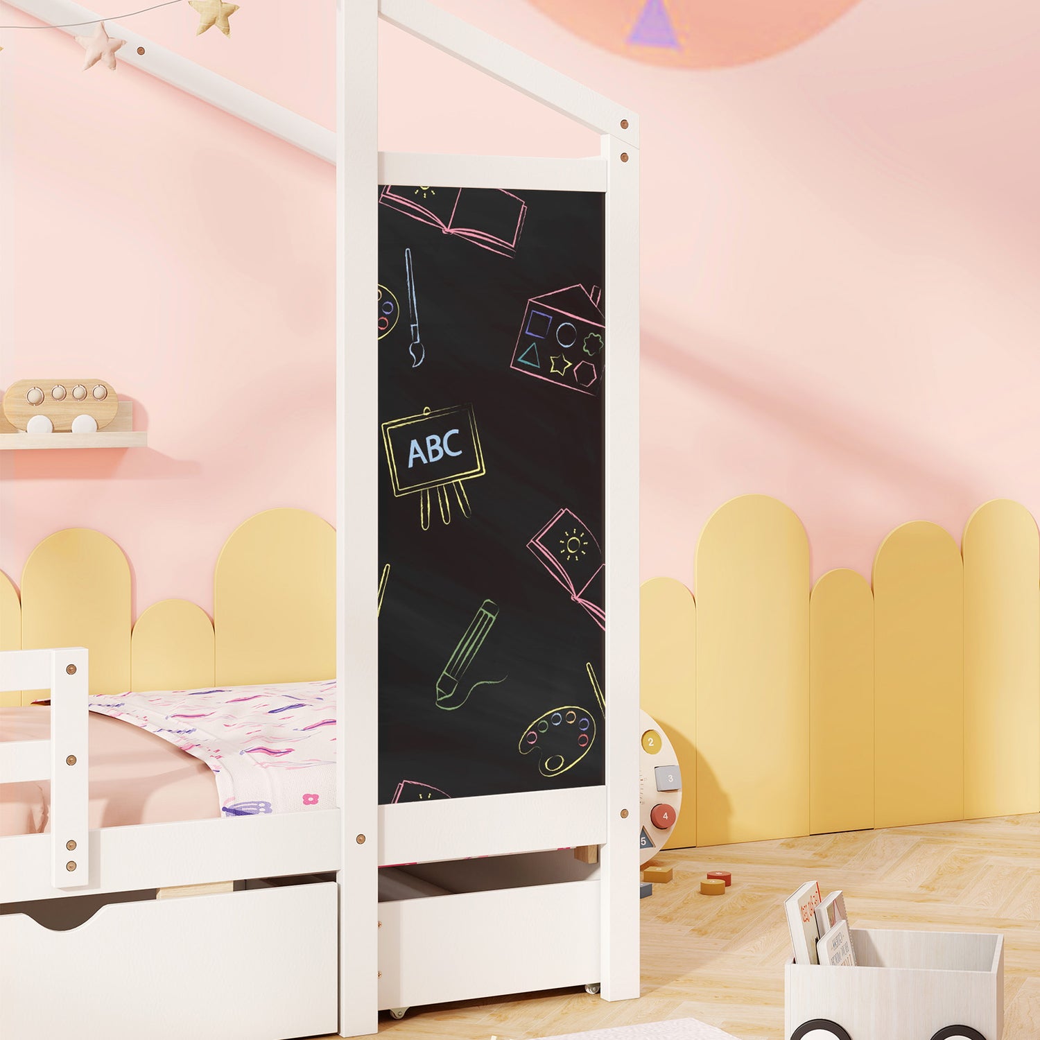 Kids Twin Size Bed with 2 Drawers Solid Wood Bed with Blackboard