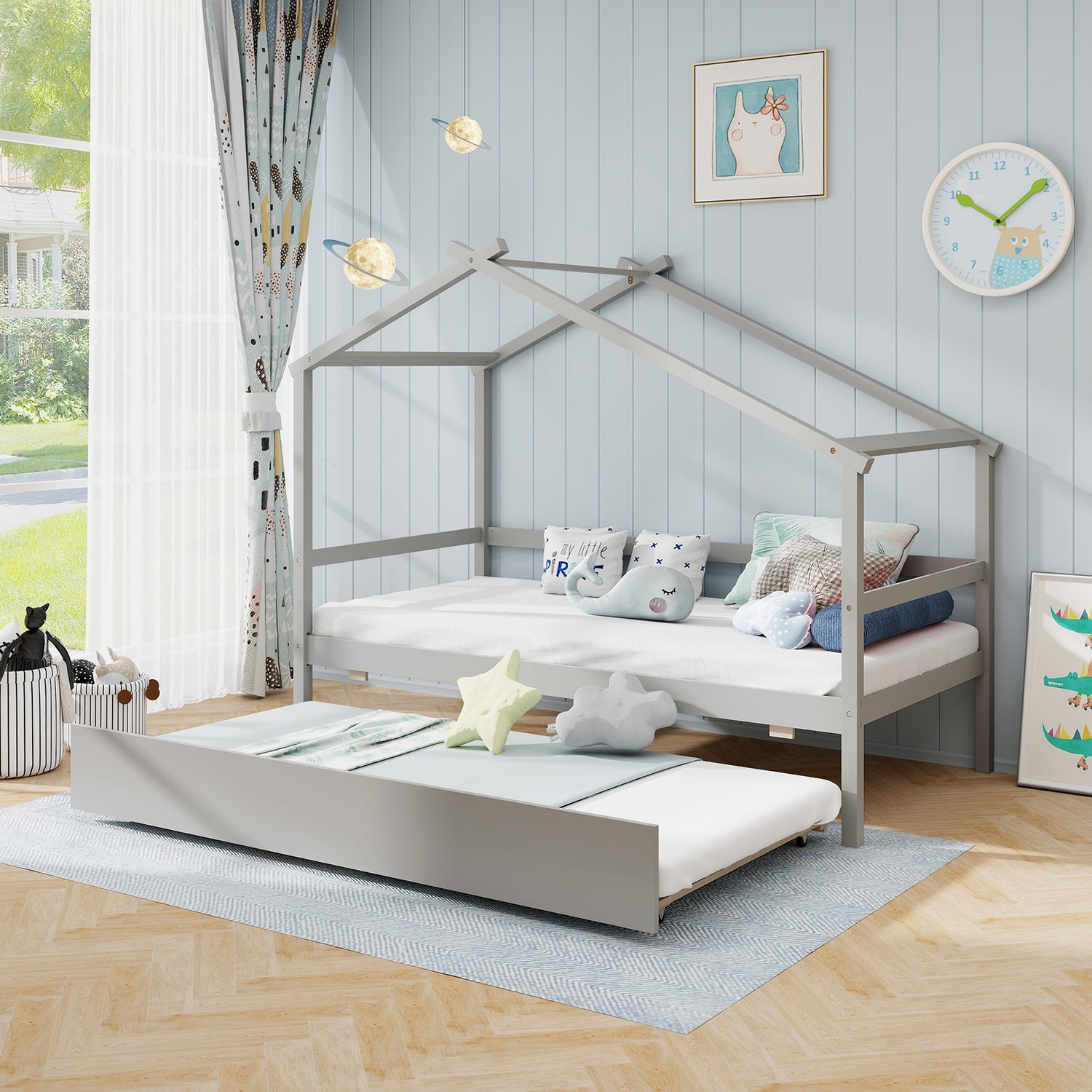 Kids Twin Size House Bed with Trundle and Roof