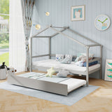 Kids Twin Size House Bed with Trundle and Roof