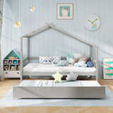 Kids Twin Size House Bed with Trundle and Roof