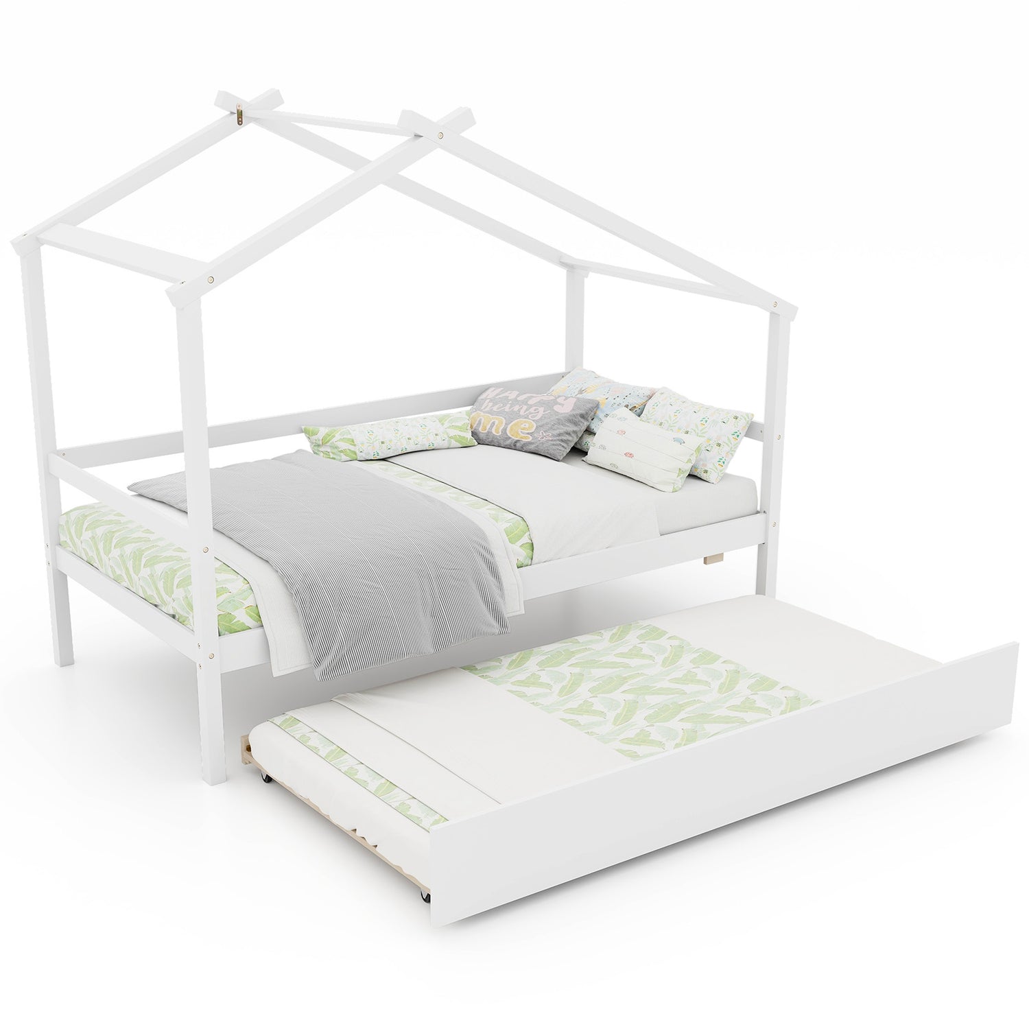 Kids Twin Size House Bed with Trundle and Roof