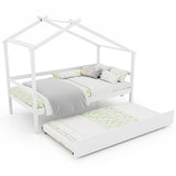 Kids Twin Size House Bed with Trundle and Roof