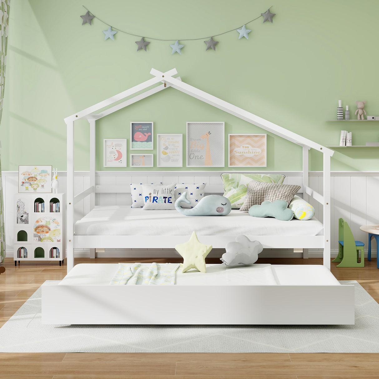 Kids Twin Size House Bed with Trundle and Roof
