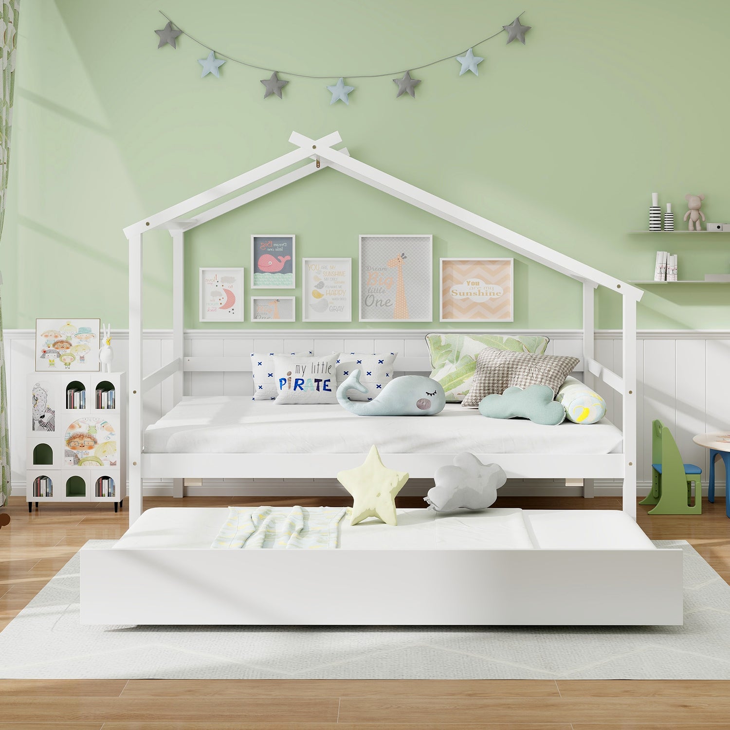Kids Twin Size House Bed with Trundle and Roof