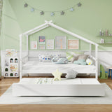 Kids Twin Size House Bed with Trundle and Roof