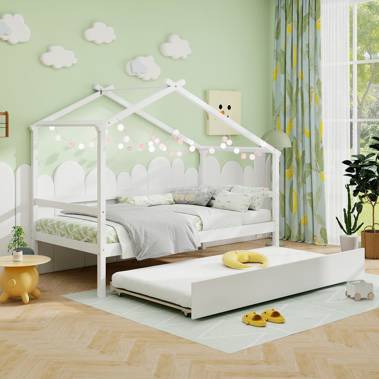 Kids Twin Size House Bed with Trundle and Roof