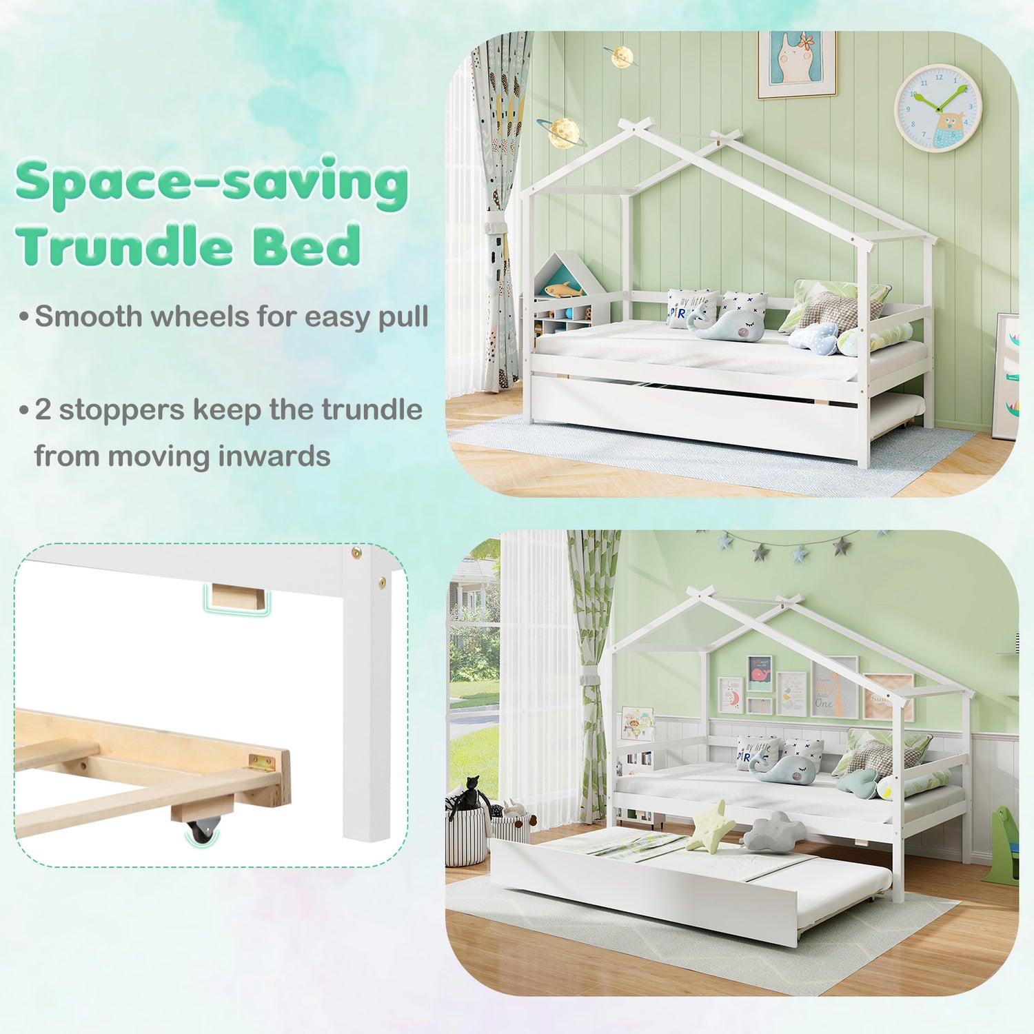 Kids Twin Size House Bed with Trundle and Roof
