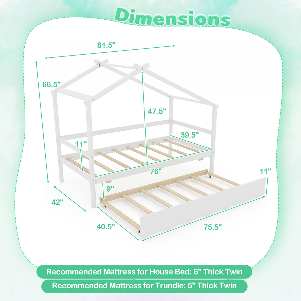 Kids Twin Size House Bed with Trundle and Roof