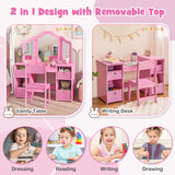 Kids Vanity Table and Chair Set with Removable Mirrors and 4 Storage Bins