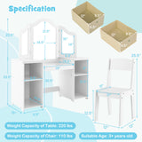 Kids Vanity Table and Chair Set with Removable Mirrors and 4 Storage Bins