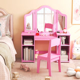 Kids Vanity Table and Chair Set with Removable Tri-Folding Mirror