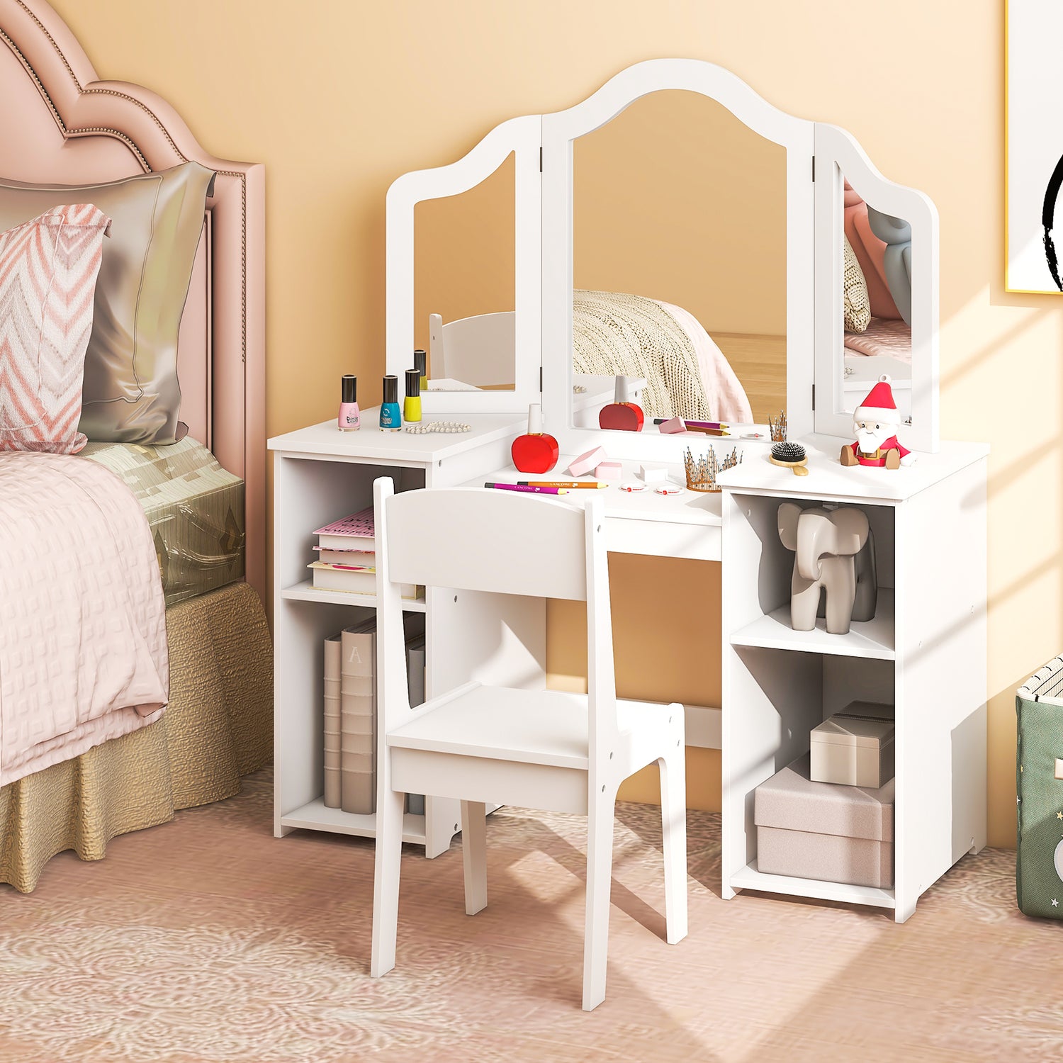 Kids Vanity Table and Chair Set with Removable Tri-Folding Mirror
