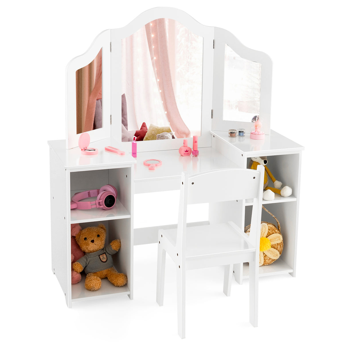 Kids Vanity Table and Chair Set with Removable Tri-Folding Mirror