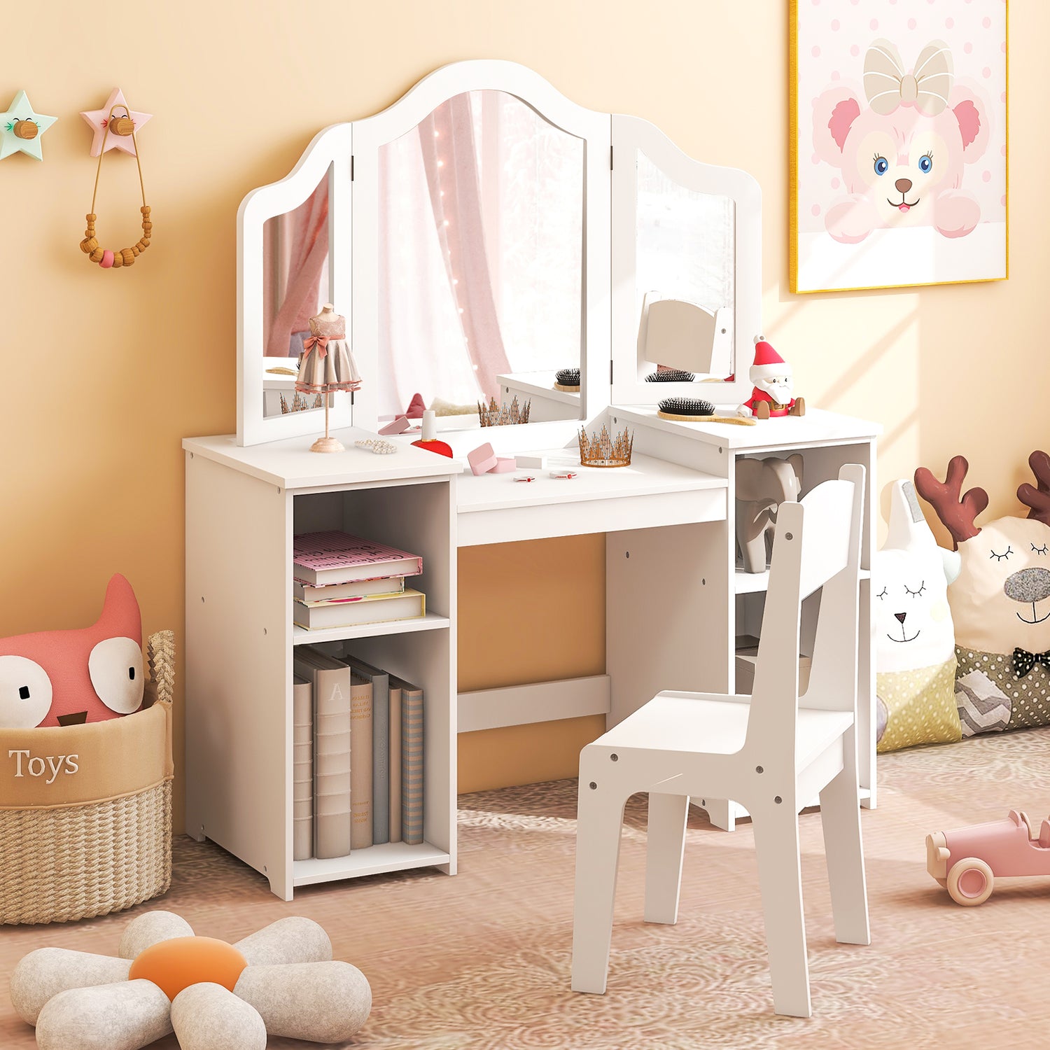 Kids Vanity Table and Chair Set with Removable Tri-Folding Mirror