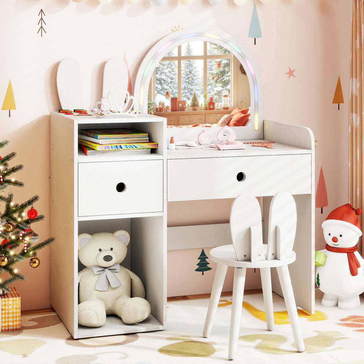 Kids Vanity Desk and Chair Set with Lights  Open Shelves