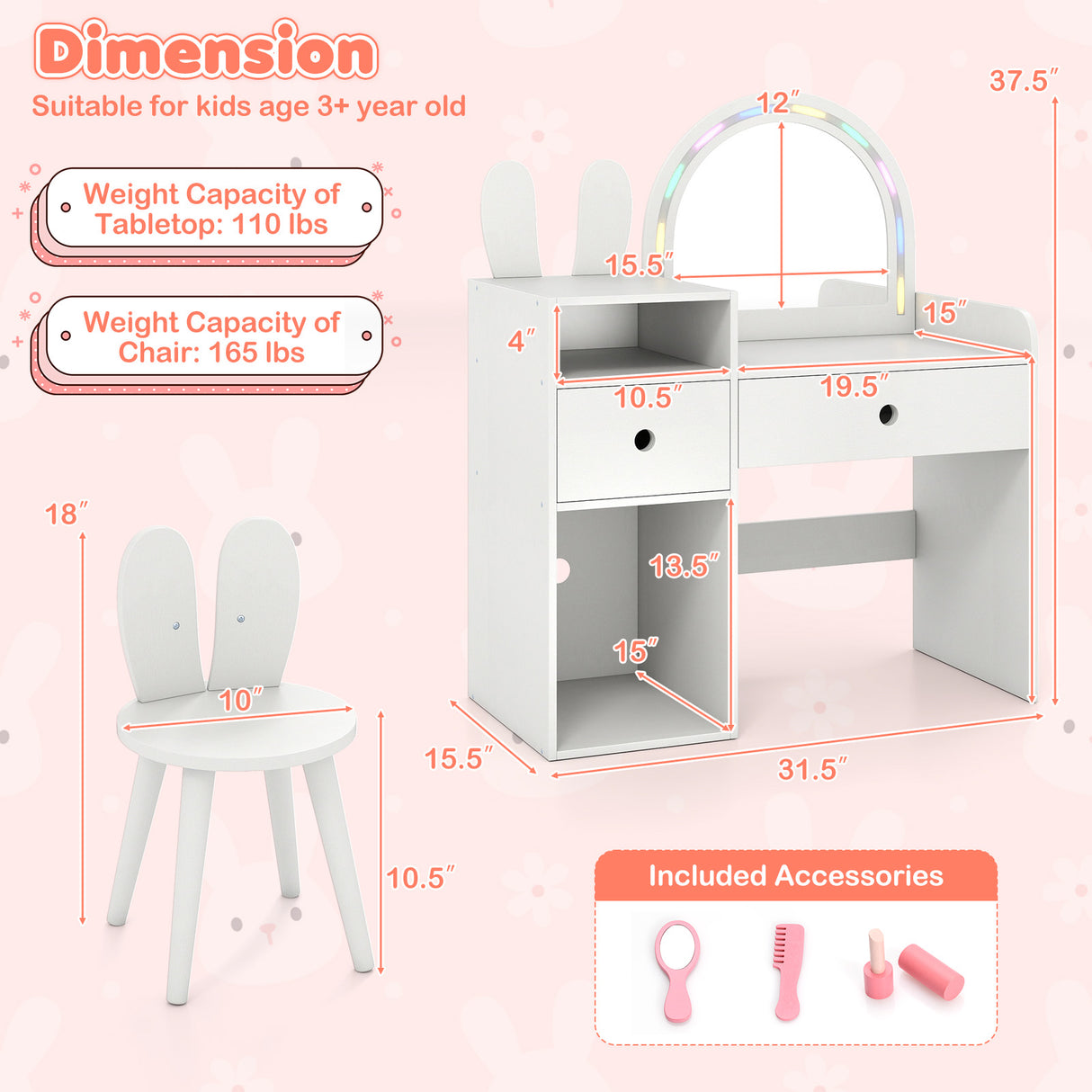 Kids Vanity Desk and Chair Set with Lights  Open Shelves