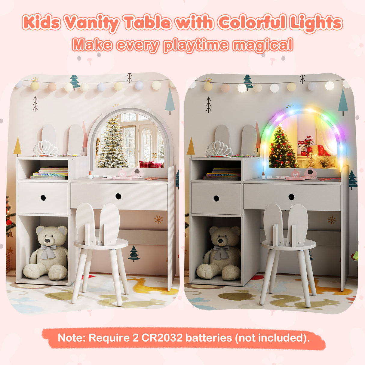 Kids Vanity Desk and Chair Set with Lights  Open Shelves